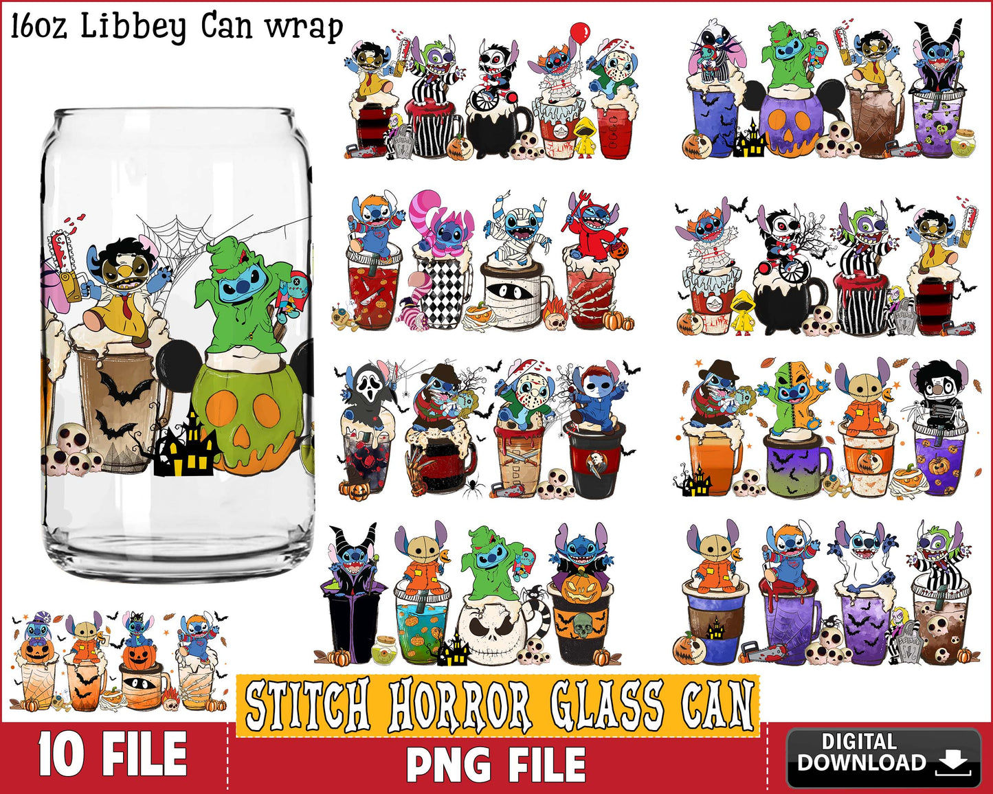 10 file Stitch horror Glass Can bundle PNG, Stitch horror Glass Can PNG Silhouette, digital download , Instant Download
