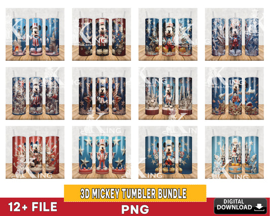 12 file 3D MICKEY 4th of july tumbler bundle png, 20oz Tumbler PNG, 3D Paper Quilling Character Tumbler Sublimation Bundle Png, Instant Digital Download PNG