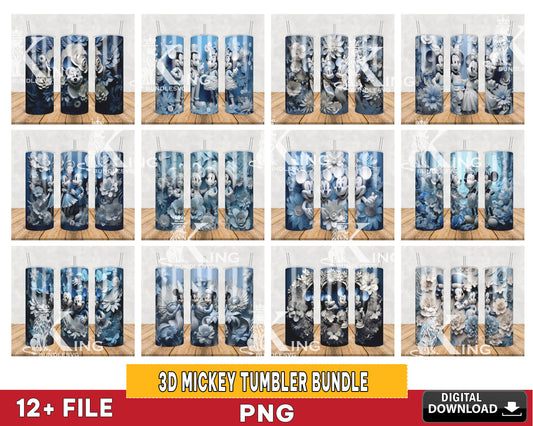 12 file 3D mickey cold tumbler bundle png, 20oz Tumbler PNG, 3D Paper Quilling Character Tumbler Sublimation Bundle Png, Instant Digital Download PNG