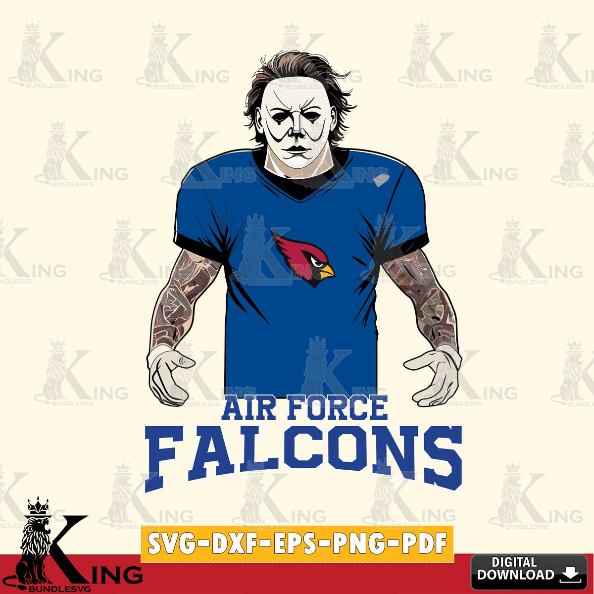 Eye-catching graphic of an Air Force Falcons Michael Myers tattoo football NCAA design, SVG PNG design suitable for Glowforge and