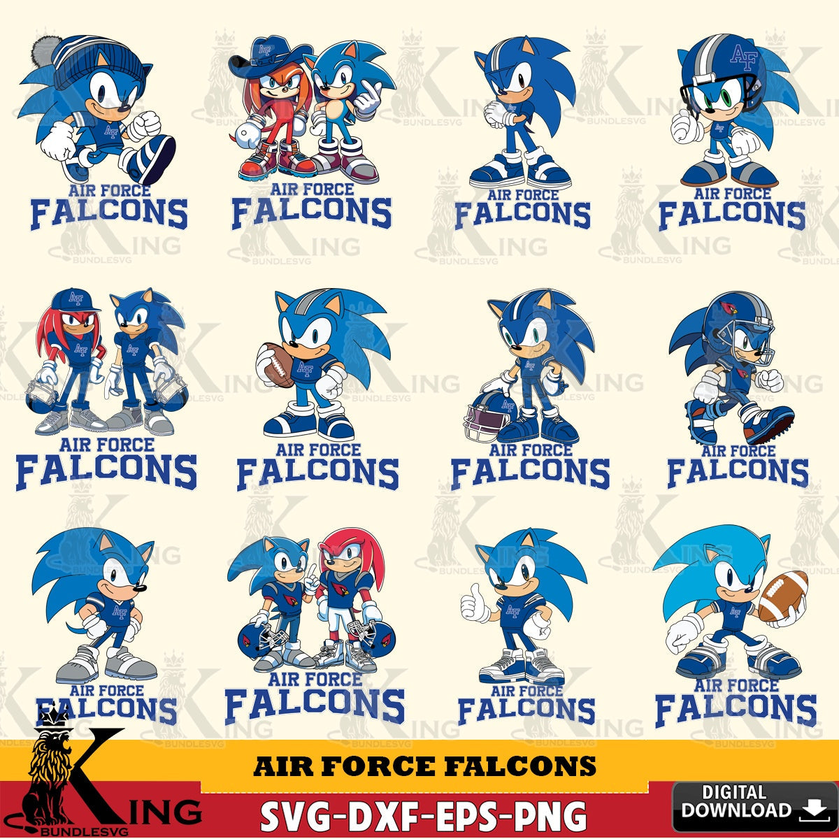 Comprehensive collection of Air Force Falcons Sonic & Knuckles NCAA Football bundle crafting file for iron-on transfer and vinyl