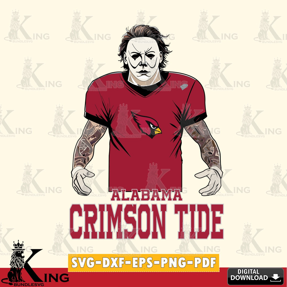 Digital clipart of Alabama Crimson Tide Michael Myers tattoo football, vector illustration for POD merchandise and apparel