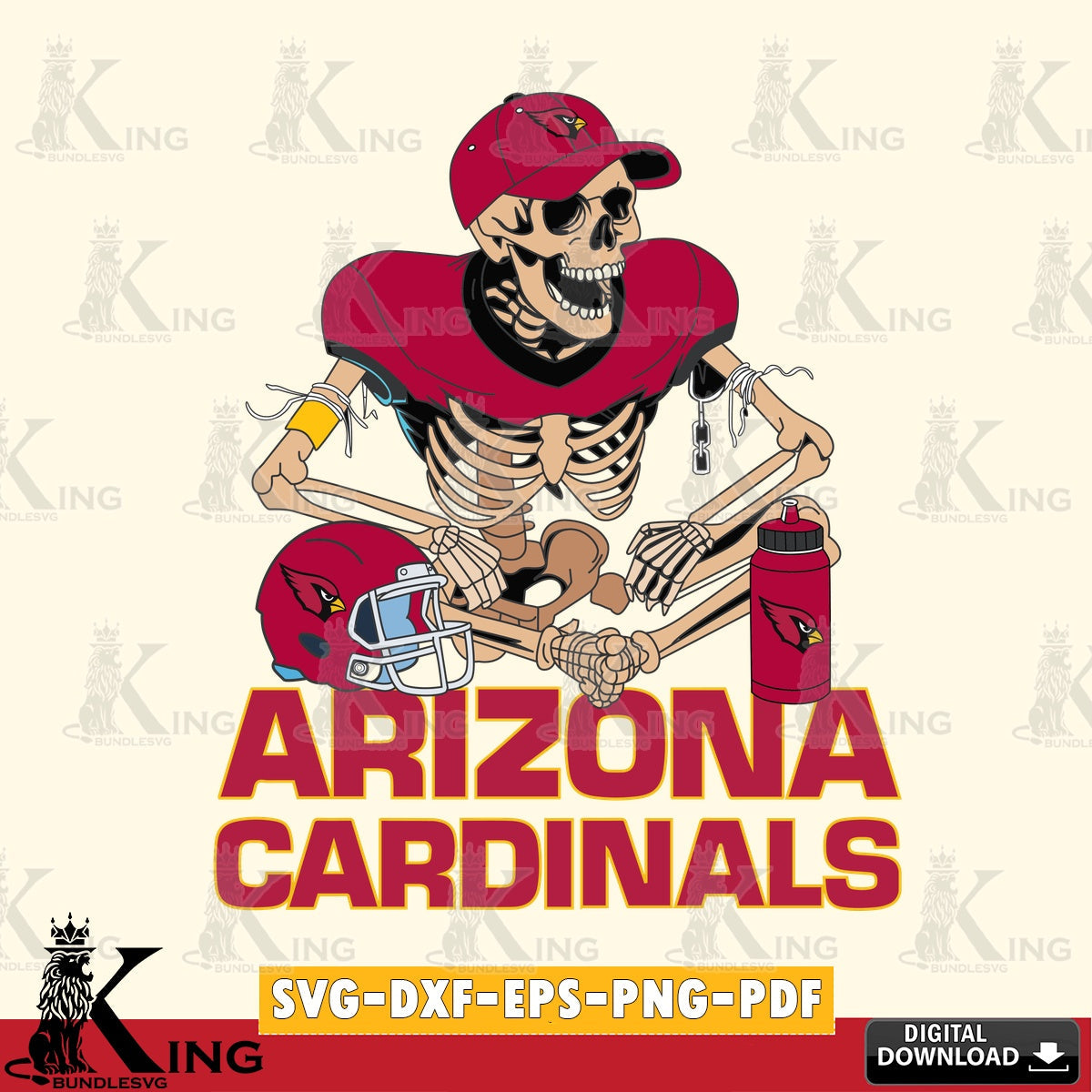 Detailed illustration of an Arizona Cardinals skeleton player playing football, high-quality vector for DIY scrapbooking and home