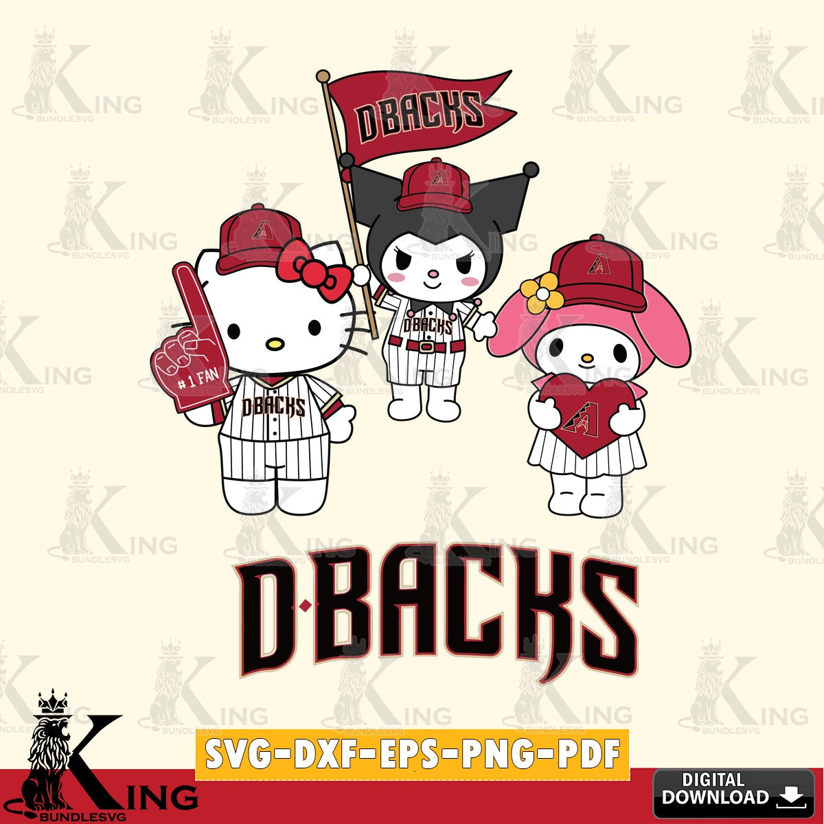Hand-drawn style art of Arizona Diamondbacks Sanrio Squad cute vector art for engraving, cutting, and printing
