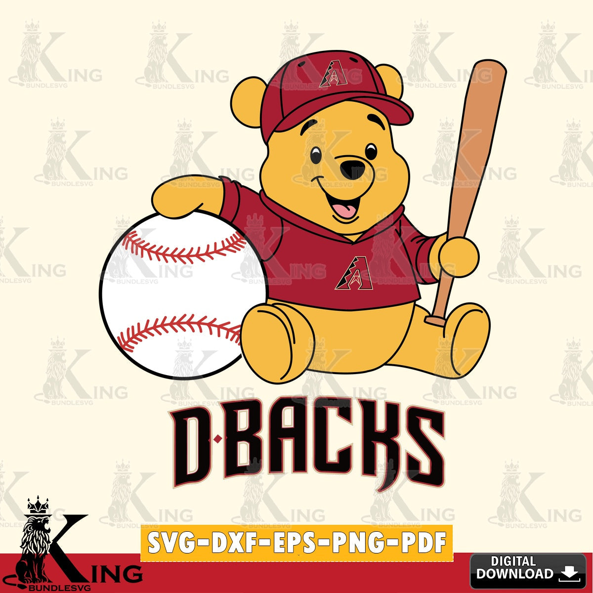 Detailed illustration of Arizona Diamondbacks Winnie the Pooh baseball star player, a crafting file for iron-on transfer and