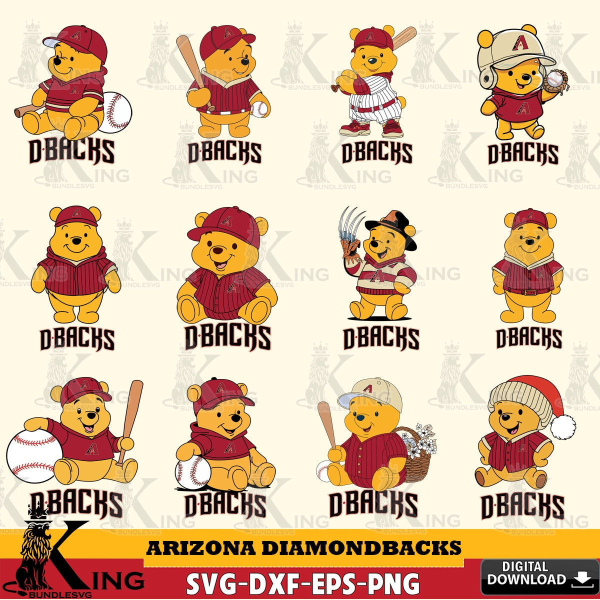 Giant set featuring Arizona Diamondbacks Winnie the Pooh MLB baseball bundle, a high-quality vector for DIY scrapbooking and home