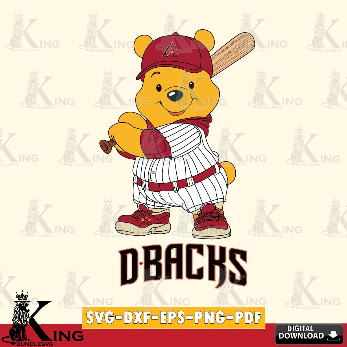 Beautiful illustration of an Arizona Diamondbacks Winnie the Pooh baseball player, a crafting file for iron-on transfer and vinyl