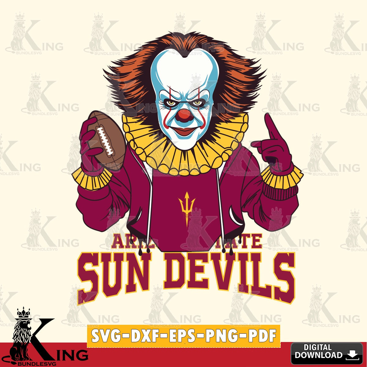 Hand-drawn style art of an Arizona State Sun Devils Pennywise football player, printable vector design for sublimation and crafts