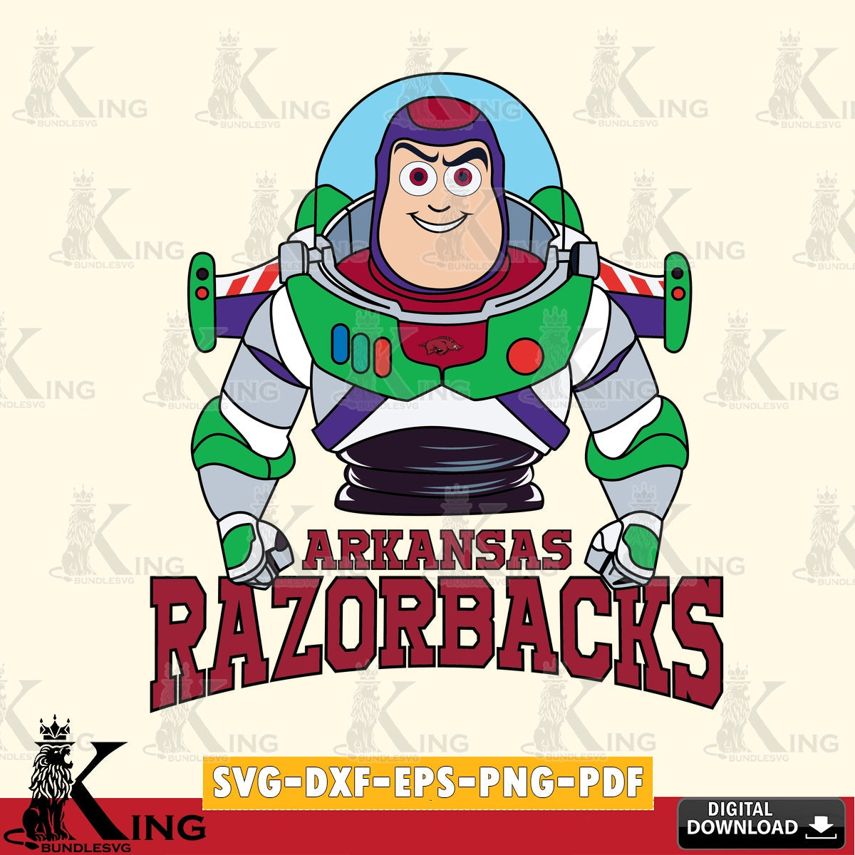 Printable art of Arkansas Razorbacks Buzz Lightyear football, a printable vector design for sublimation and crafts