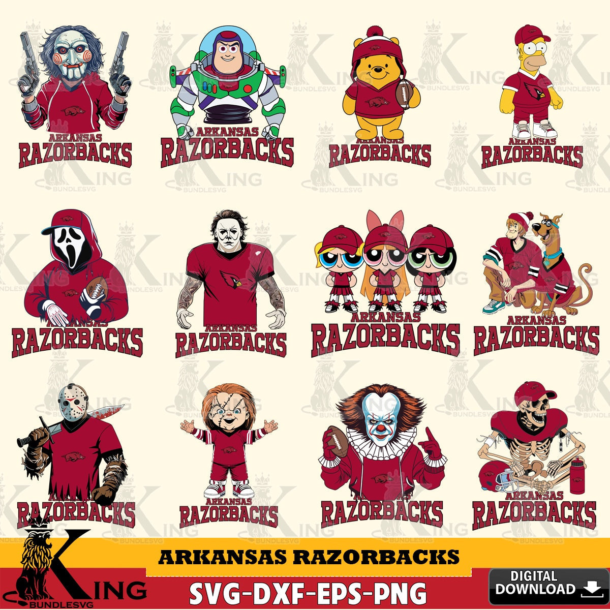Variety pack of Arkansas Razorbacks Cartoon Football NCAA Bundle vector art for engraving, cutting, and printing