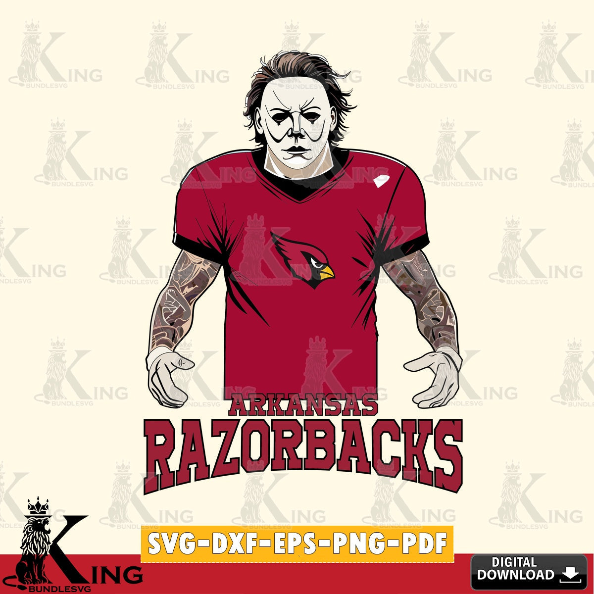 Hand-drawn style art of Arkansas Razorbacks Michael Myers tattoo football, a crafting file for iron-on transfer and vinyl decals.