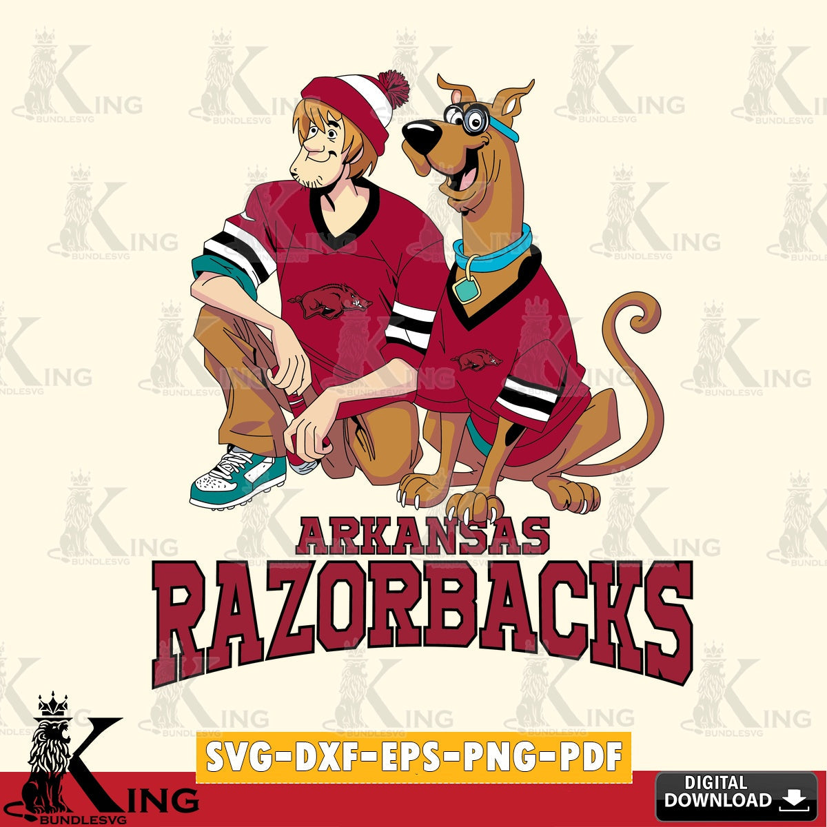 Digital download featuring Arkansas Razorbacks Shaggy and Scooby Doo football NCAA SVG PNG design suitable for Glowforge and