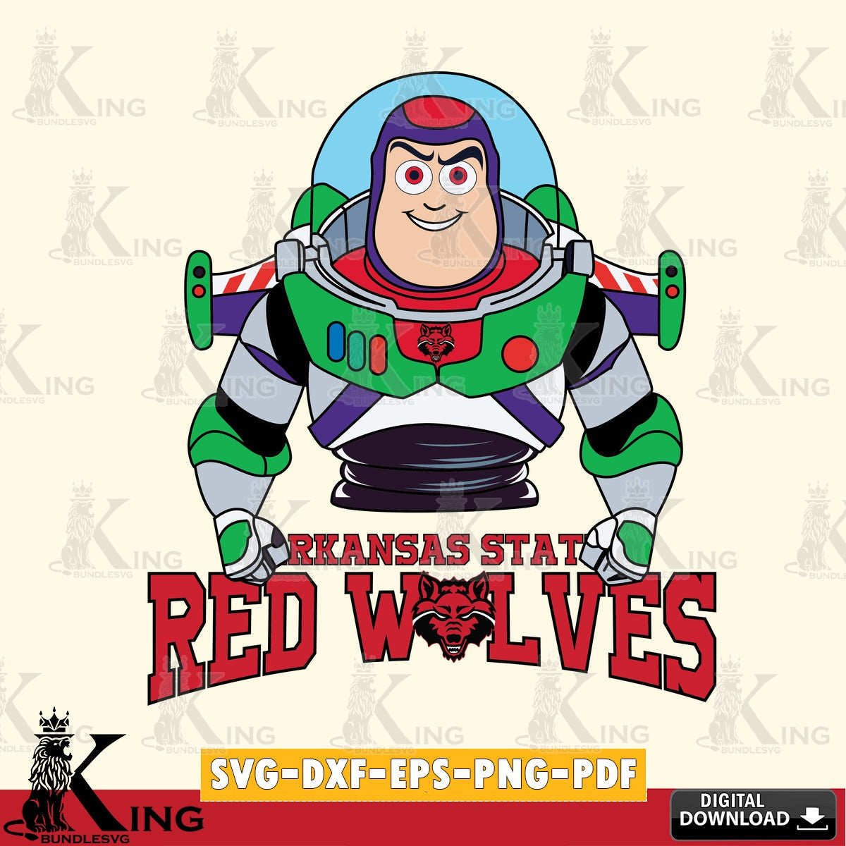Beautiful illustration of Arkansas State Red Wolves Buzz Lightyear Football, a crafting file for iron-on transfer and vinyl