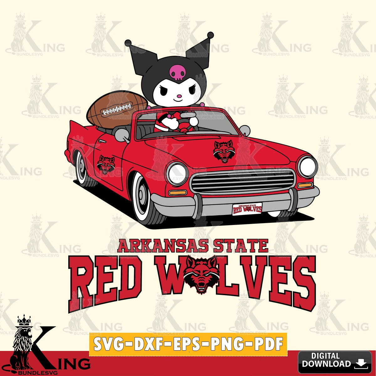 Arkansas State Red Wolves Kuromi Car Football Game SVG file, Cricut, Cut file , Digital Download , Instant Download, Sanrio svg, Clipart