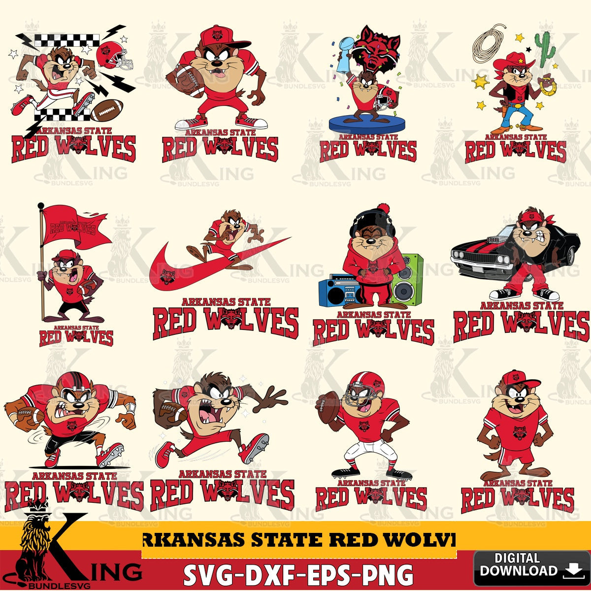 Arkansas State Red Wolves Taz Football NCAA Bundle SVG file, Cut file , Digital Download , Instant Download, Taz svg, NCAA svg