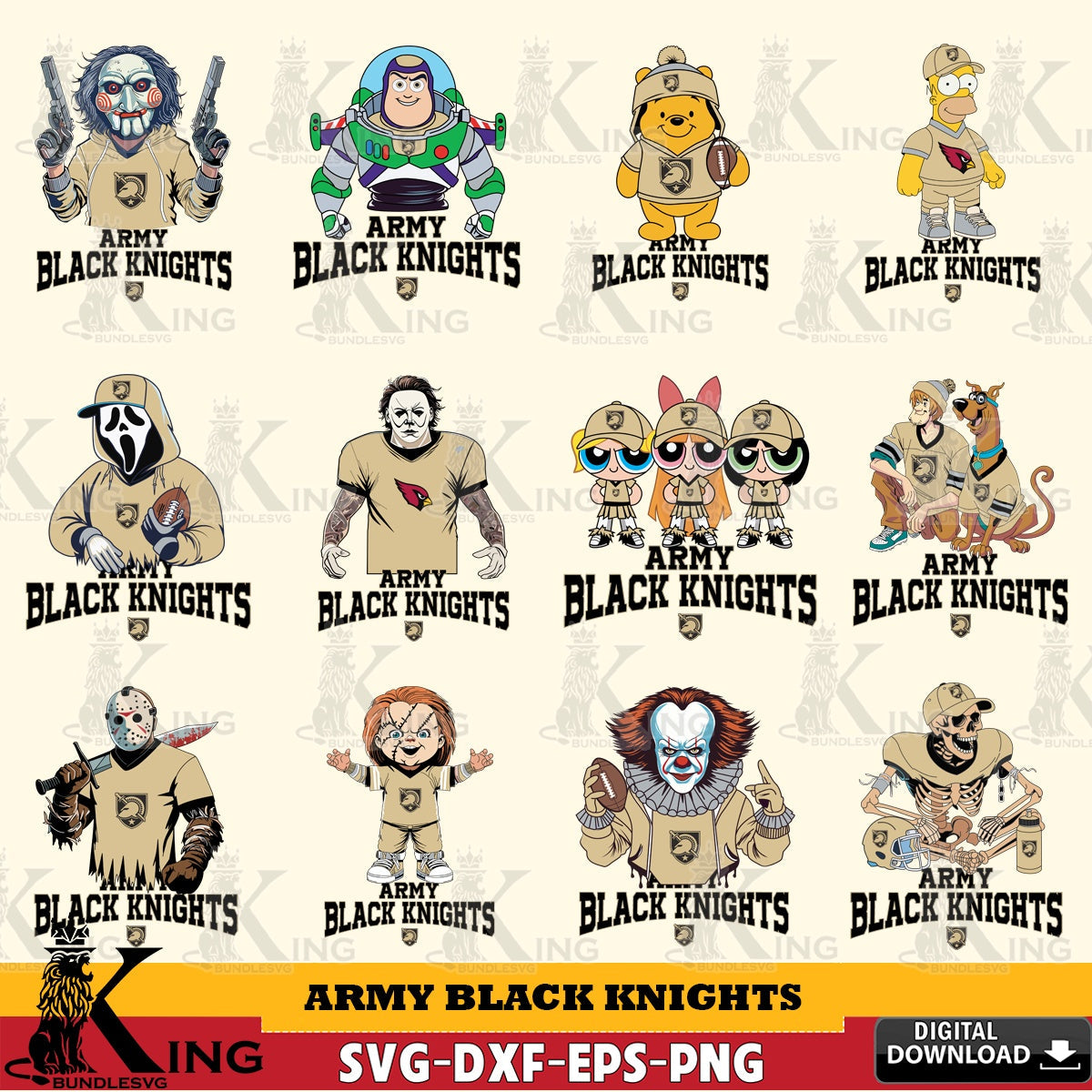 Ultimate set containing Army Black Knights cartoon football NCAA bundle, crafting file for iron-on transfer and vinyl decals.