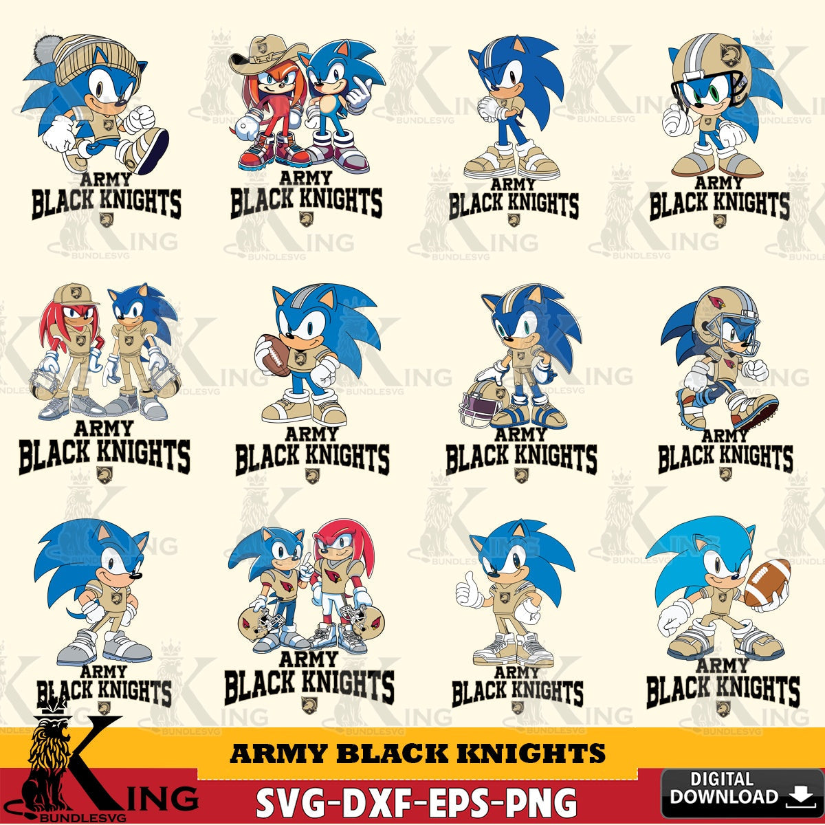 Giant set featuring Army Black Knights Sonic & Knuckles NCAA Football Bundle SVG PNG files perfect for Cricut and Silhouette