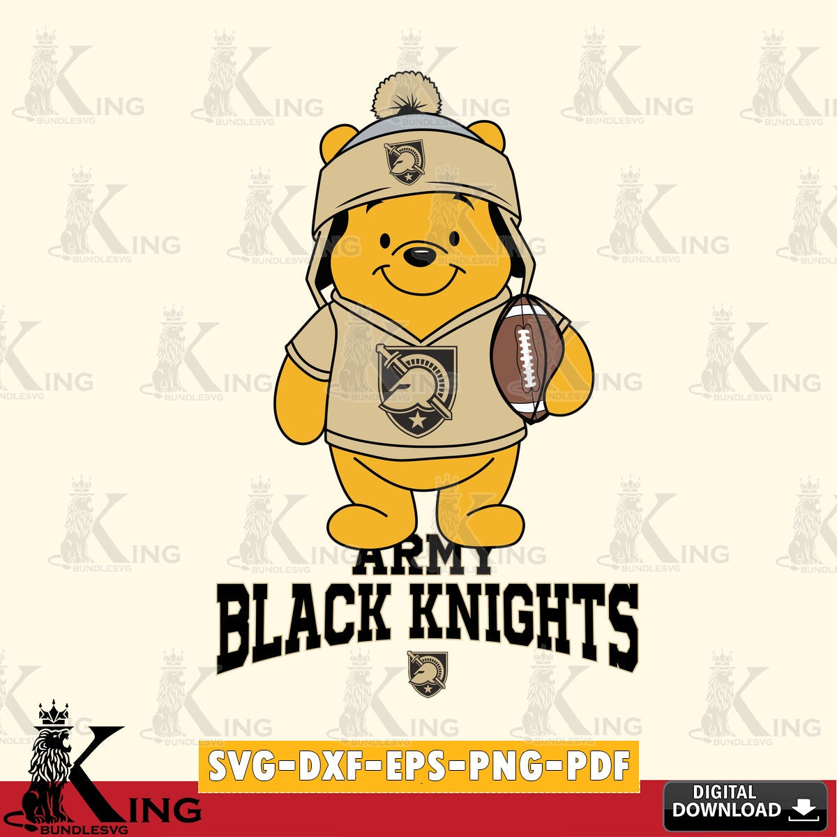 Printable art of Army Black Knights Winnie the Pooh football player NCAA, SVG PNG files perfect for Cricut and Silhouette cutting