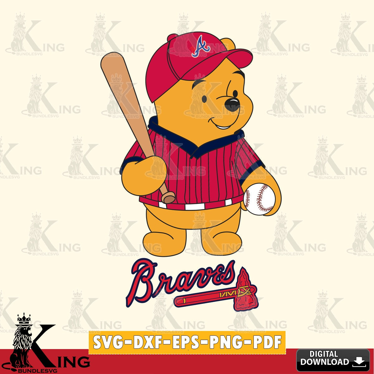 Beautiful illustration of Atlanta Braves Baseball Batter Winnie the Pooh PNG clipart for sublimation printing and graphic design