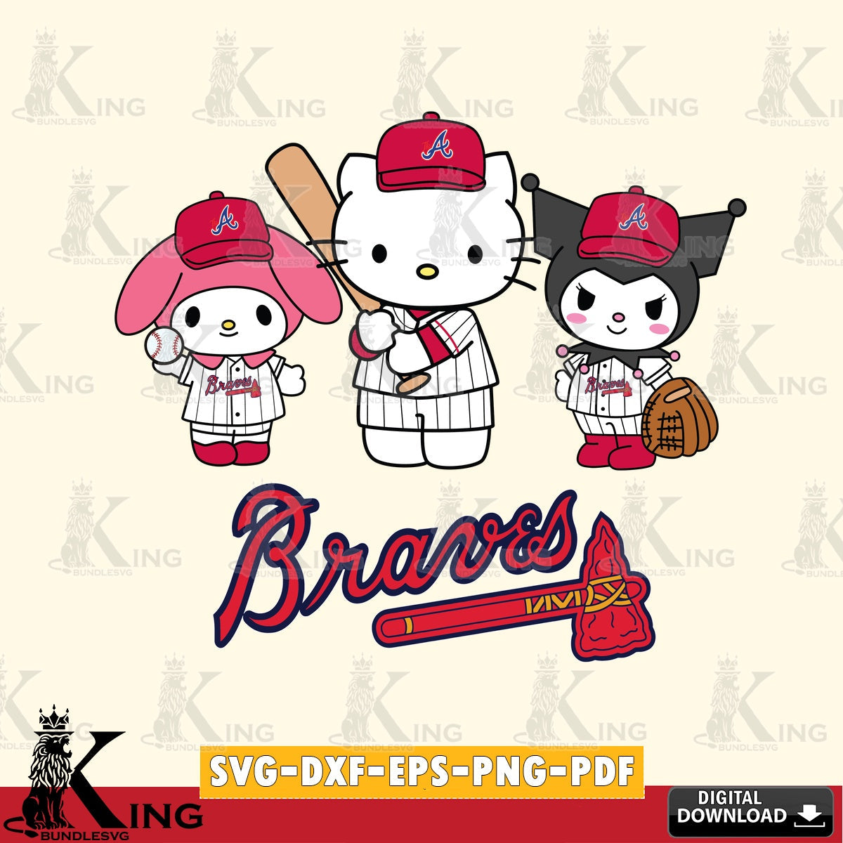 Detailed illustration of Atlanta Braves cute kawaii friends, a digital download for Cricut Maker and paper crafts.