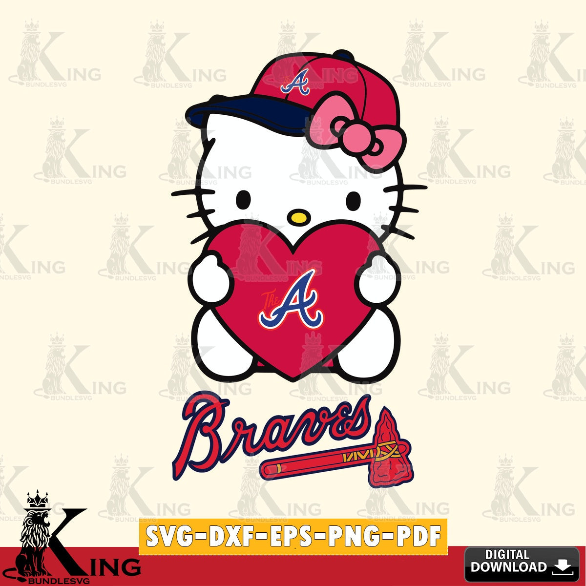 Mega bundle containing Atlanta Braves Hello Kitty baseball heart vector art for engraving, cutting, and printing.