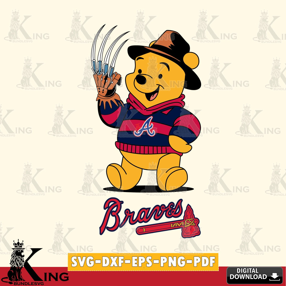 Beautiful illustration of Atlanta Braves Winnie the Pooh Freddy Krueger baseball vector illustration for POD merchandise and