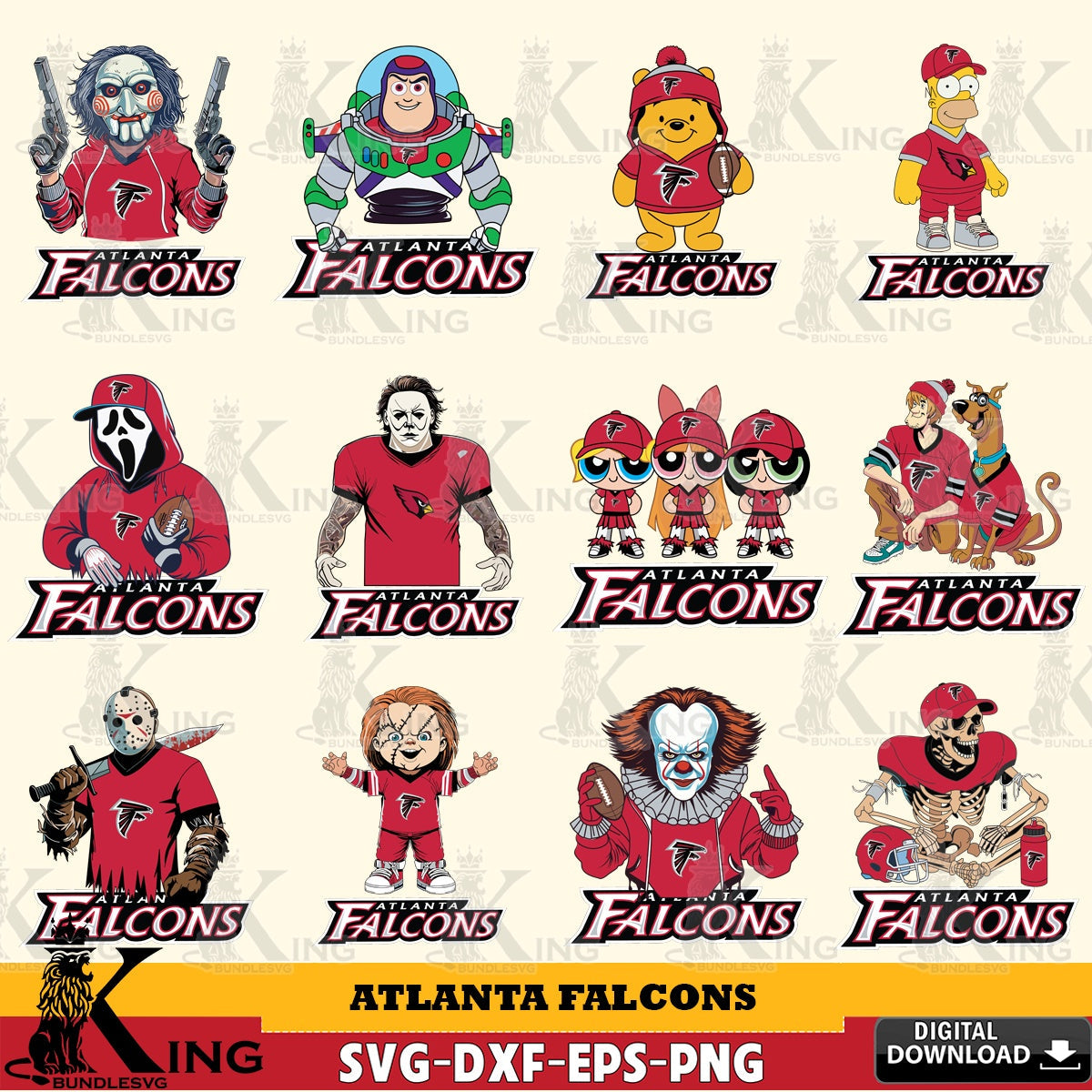 Massive pack of Atlanta Falcons cartoon football NFL bundle digital clipart compatible with laser engraving and cutting.