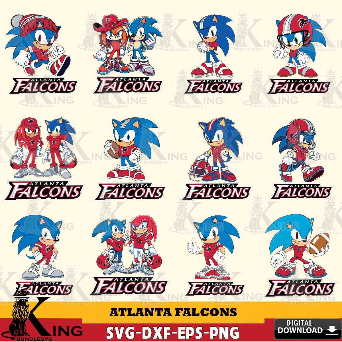 Premium pack containing Atlanta Falcons Sonic & Knuckles NFL Football Bundle SVG cut file for personalized gifts and laser
