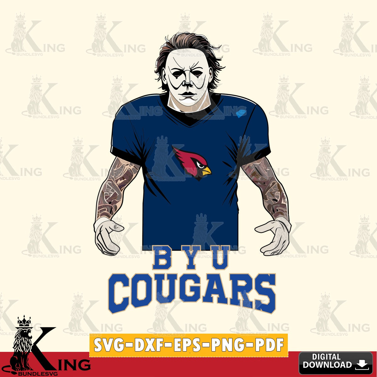 Digital clipart of BYU Cougars Michael Myers tattoo football, versatile clip art for stickers, decals, and mugs.