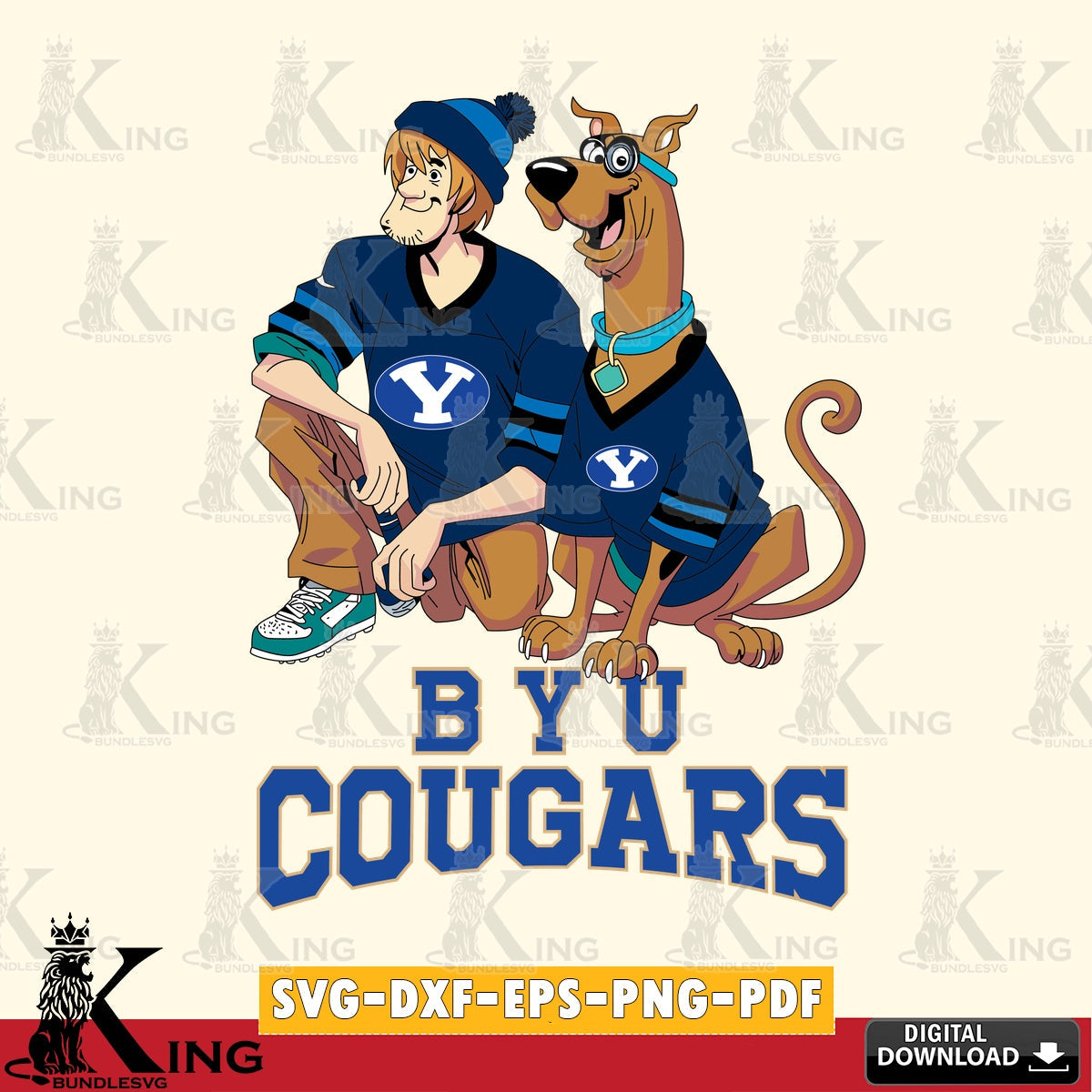 Detailed illustration of BYU Cougars Shaggy and Scooby Doo football vector art for engraving, cutting, and printing.