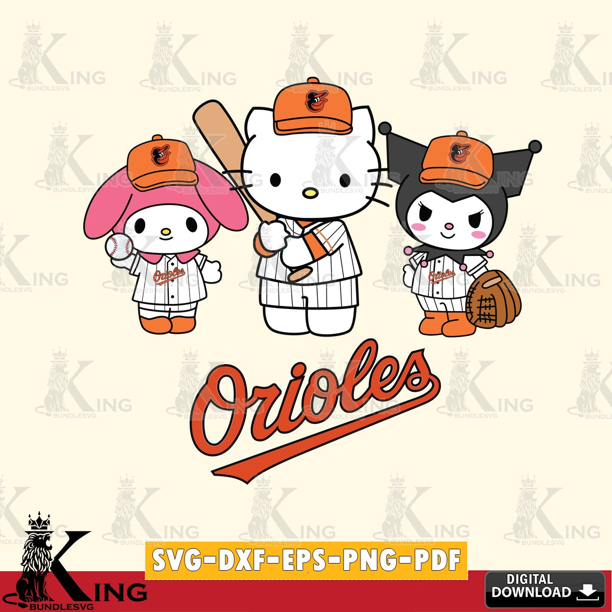 Hand-drawn style art of Baltimore Orioles cute kawaii friends, crafting file for iron-on transfer and vinyl decals.