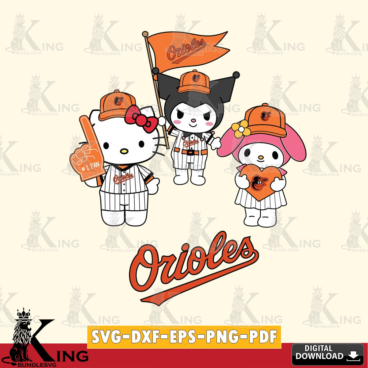 Hand-drawn style art of Baltimore Orioles Sanrio Squad cute design for Cricut, file cut, digital download, SVG PNG design