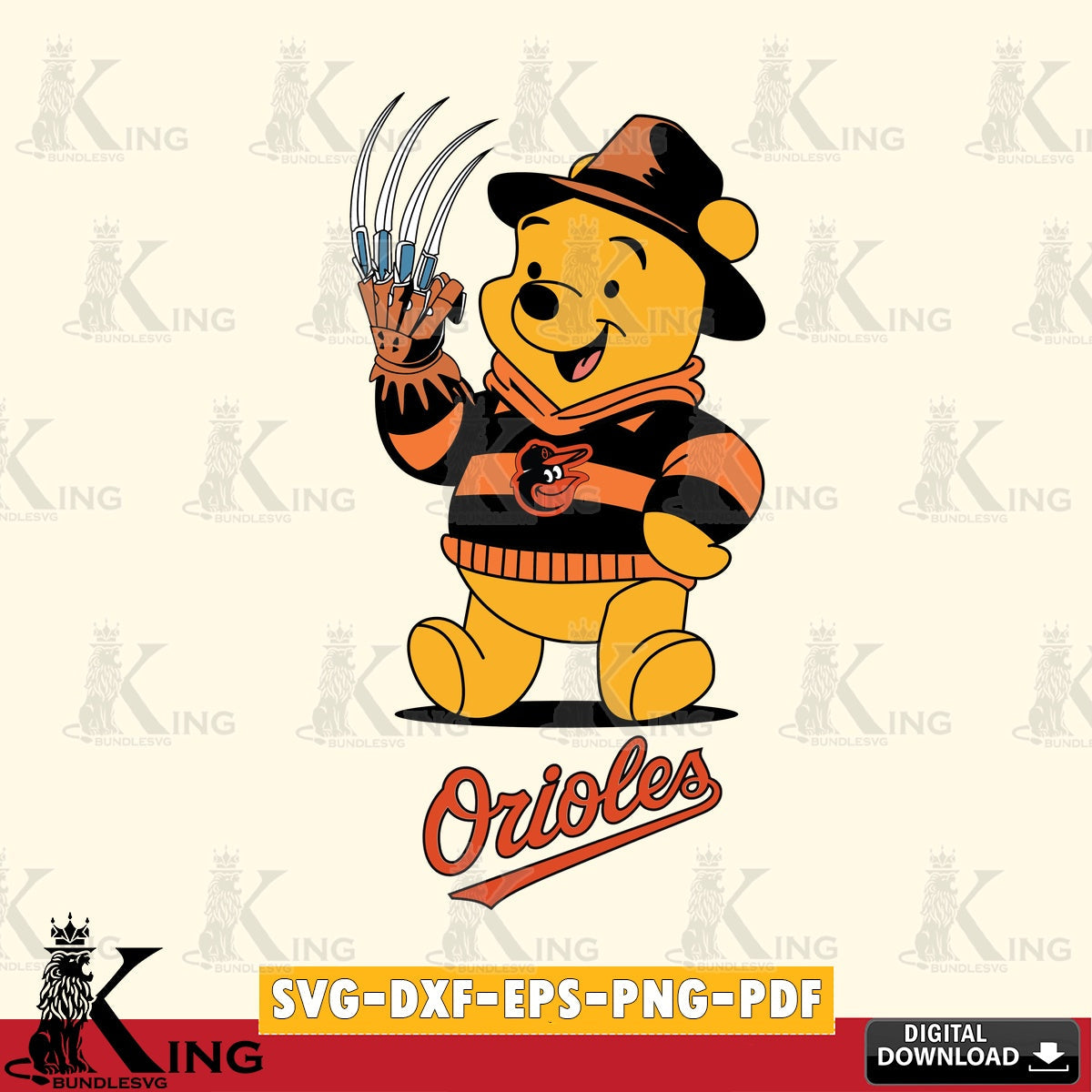 Stylish representation of Baltimore Orioles Winnie the Pooh Freddy Krueger baseball, crafting file for iron-on transfer and vinyl