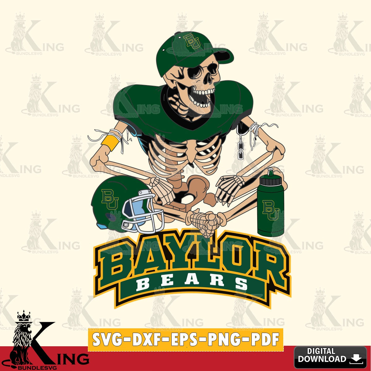 Digital clipart of a Baylor Bears skeleton player playing football, digital clipart compatible with laser engraving and cutting