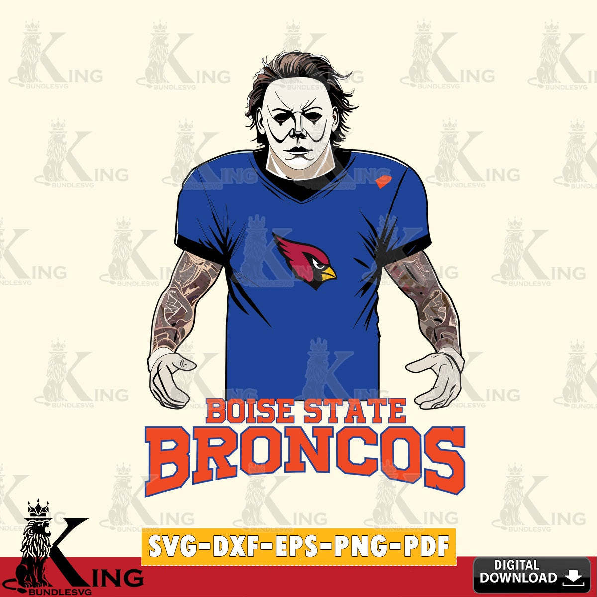 Eye-catching graphic of Boise State Broncos Michael Myers tattoo football, crafting file for iron-on transfer and vinyl decals.