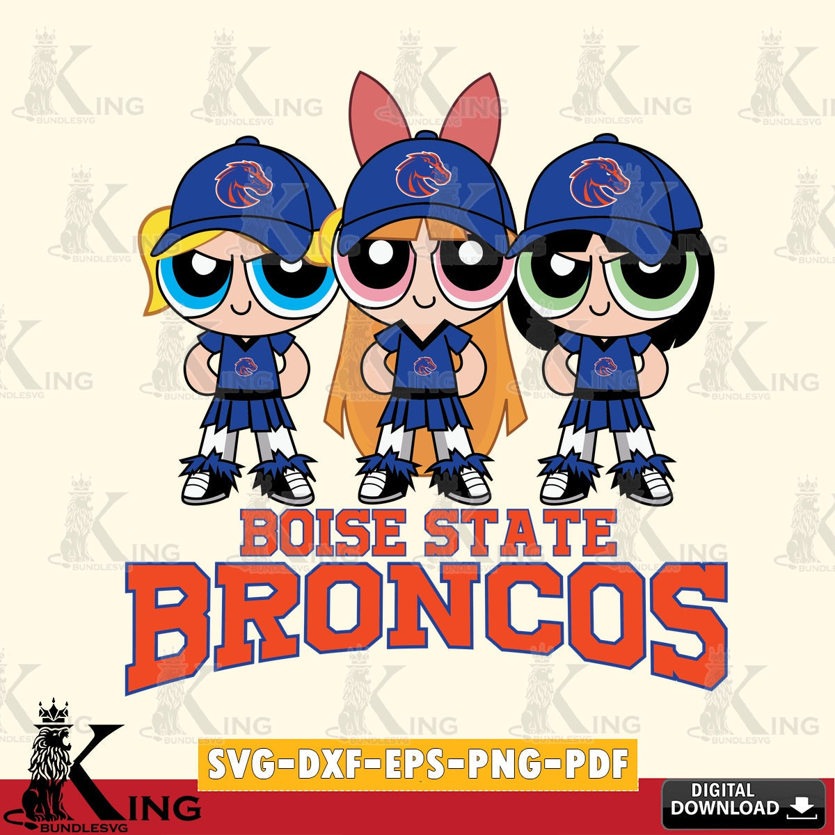 High-quality graphic of Boise State Broncos PowerPuff Girls Football, vector art for engraving, cutting, and printing
