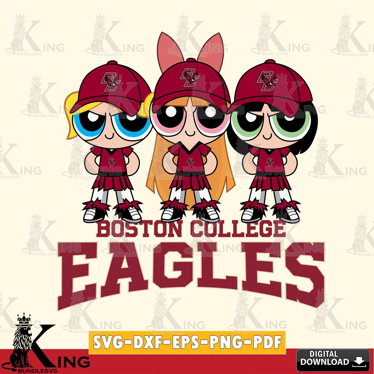 Digital clipart of Boston College Eagles PowerPuff Girls football, a crafting file for iron-on transfer and vinyl decals