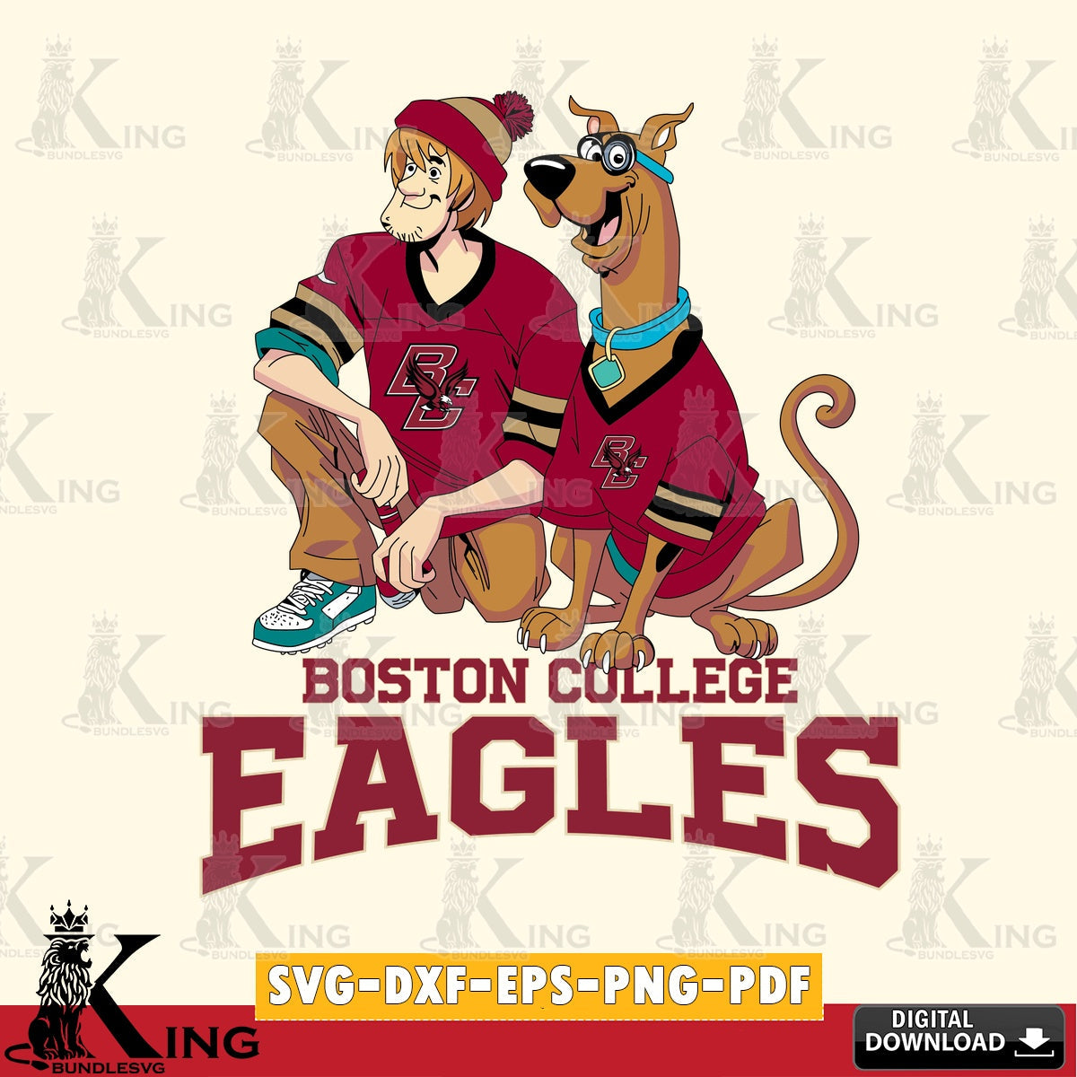 Digital download featuring Boston College Eagles Shaggy and Scooby Doo football vector art for engraving, cutting, and printing.