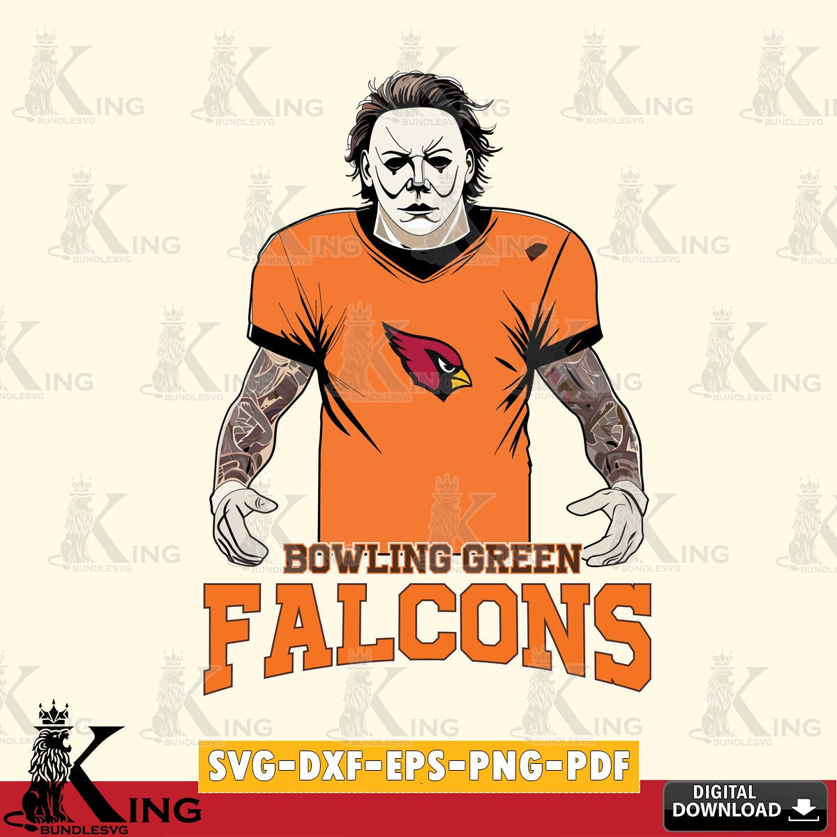Hand-drawn style art of a Bowling Green Falcons Michael Myers tattoo football, printable vector design for sublimation and crafts