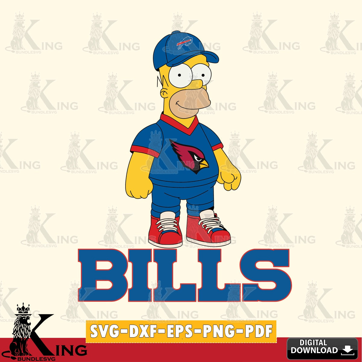 Hand-drawn style art of Buffalo Bills Homer Simpson playing football, a digital file for silhouette cameo and cricut projects.