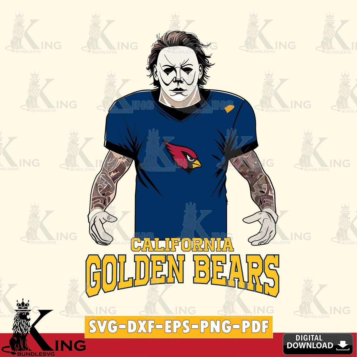 Beautiful illustration of California Golden Bears Michael Myers tattoo football, versatile clip art for stickers, decals, and mugs