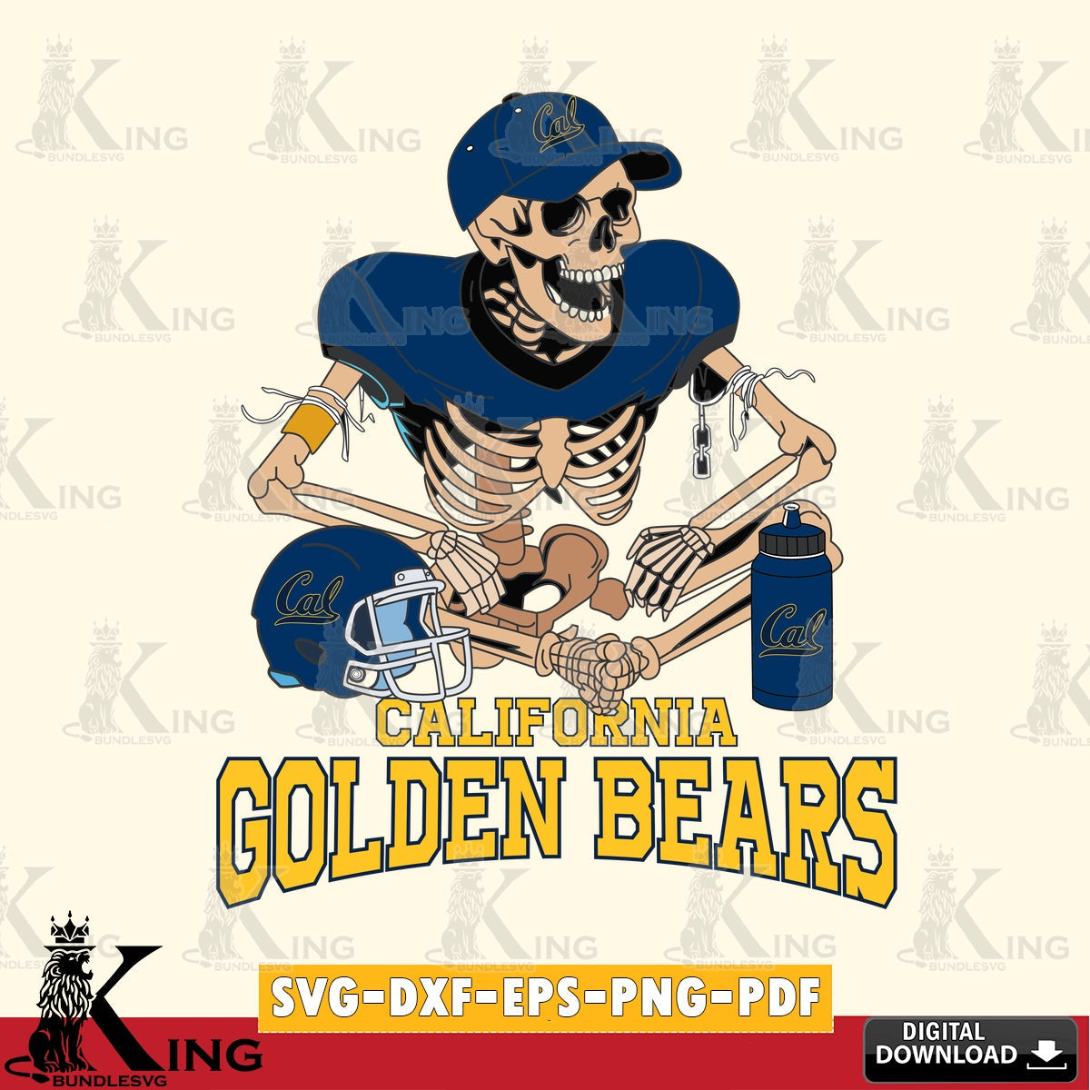 Vector design showing a California Golden Bears skeleton football player, printable vector design for sublimation and crafts