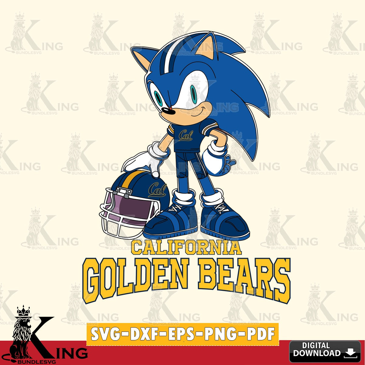 Digital download featuring a California Golden Bears sonic player football vector illustration for POD merchandise and apparel.