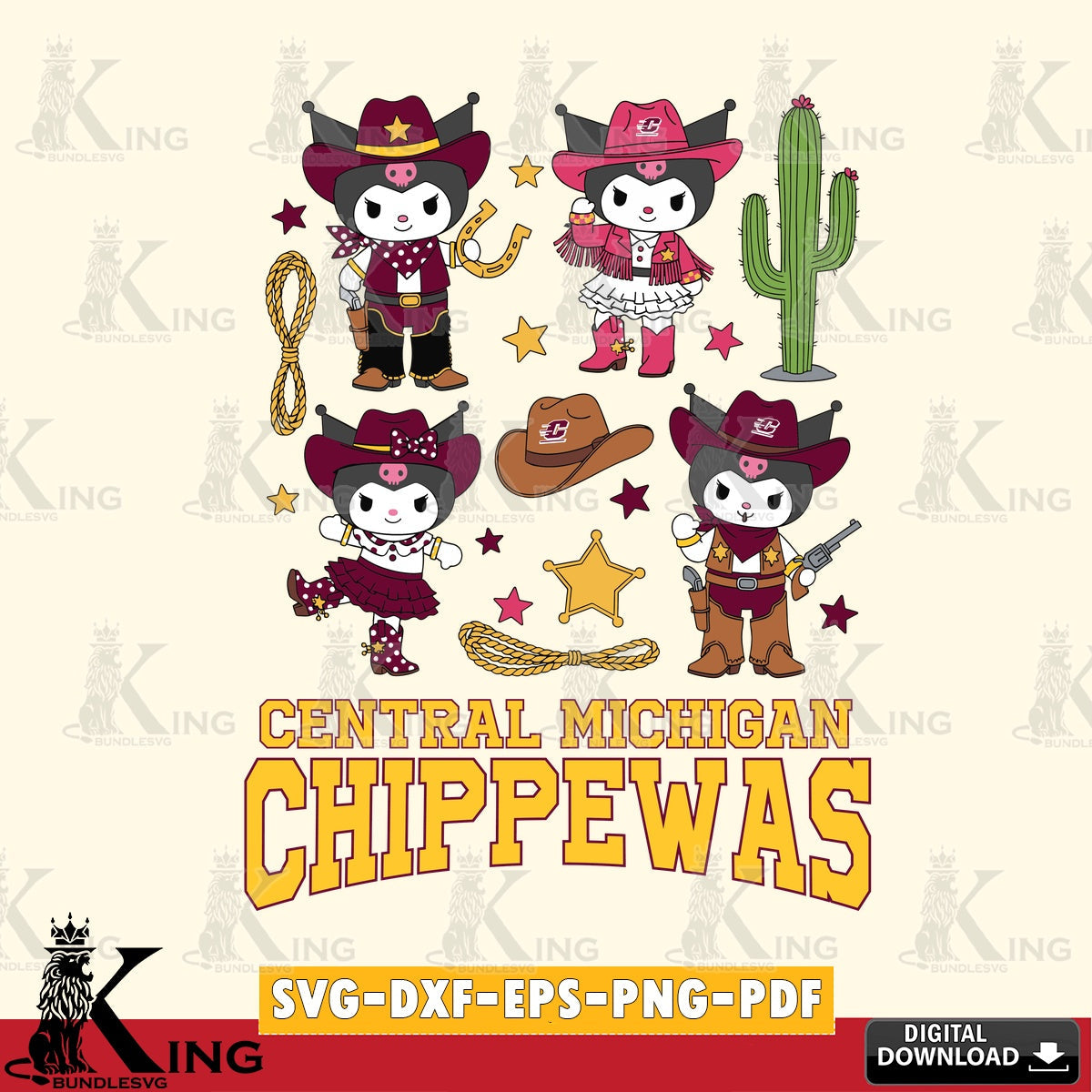 Central Michigan Chippewas Kuromi Cowboy Western SVG file, Cricut, Cut file , Digital Download , Instant Download, Sanrio svg, Clipart