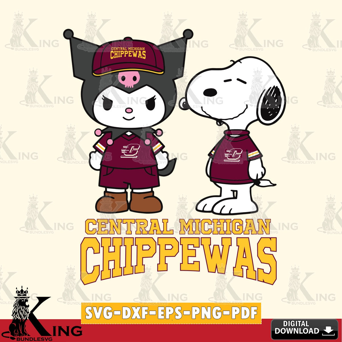 Central Michigan Chippewas Kuromi Snoopy Football SVG file, Cricut, Cut file , Digital Download , Instant Download, Sanrio svg, Clipart