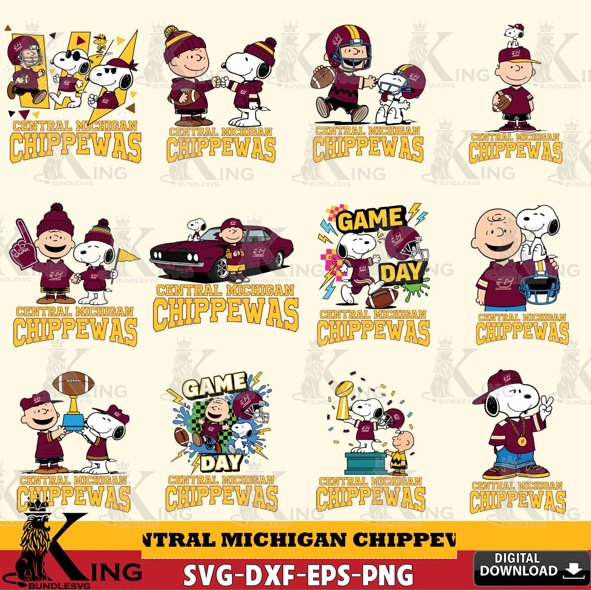 Central Michigan Chippewas Peanuts Football NCAA Bundle SVG, Cricut, Cut file , Digital Download , Instant Download, Peanuts svg, NCAA svg, Football svg, Sport svg