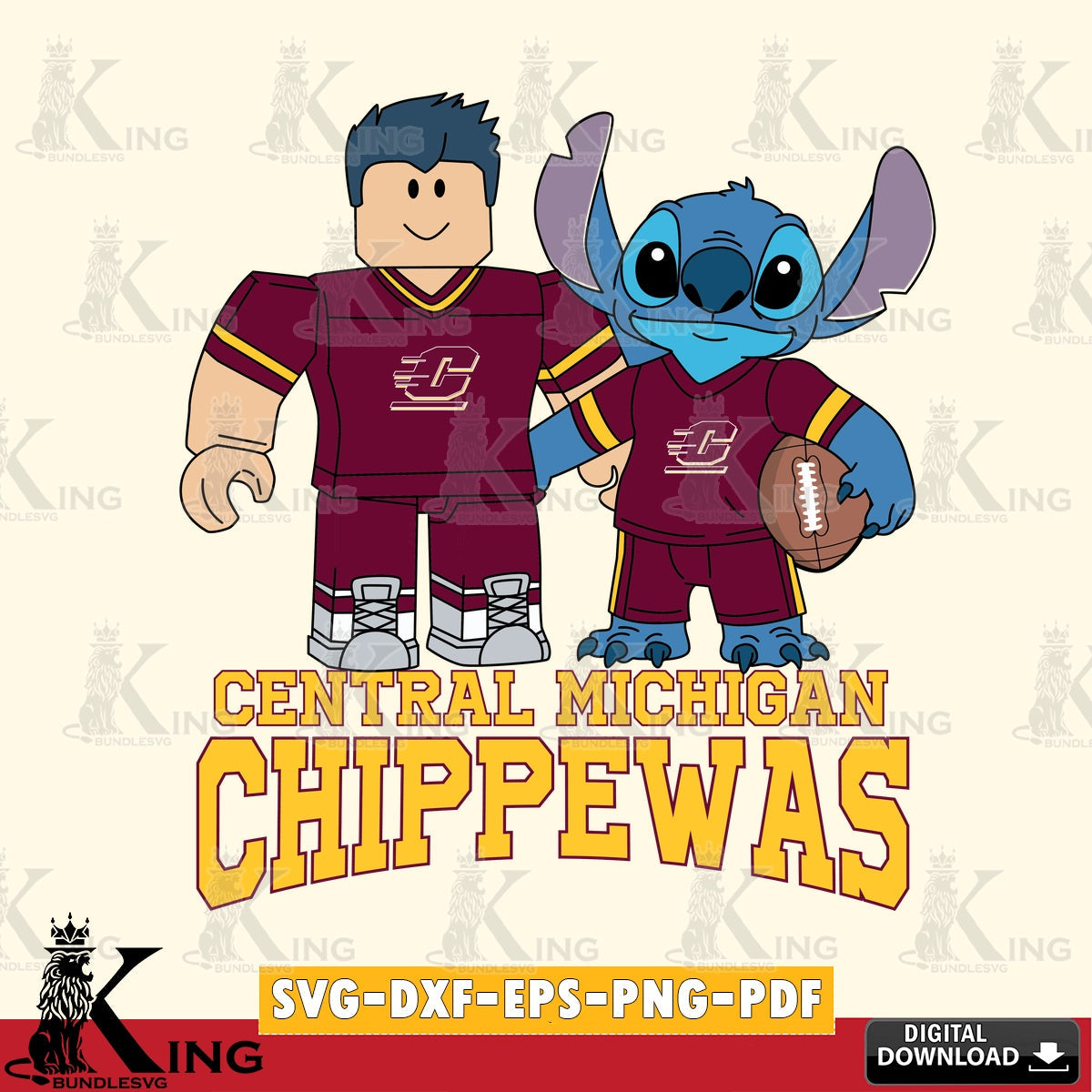 Central Michigan Chippewas Roblox & Stitch Football SVG file , NCAA Cricut, File cut , Digital Download , PDF File