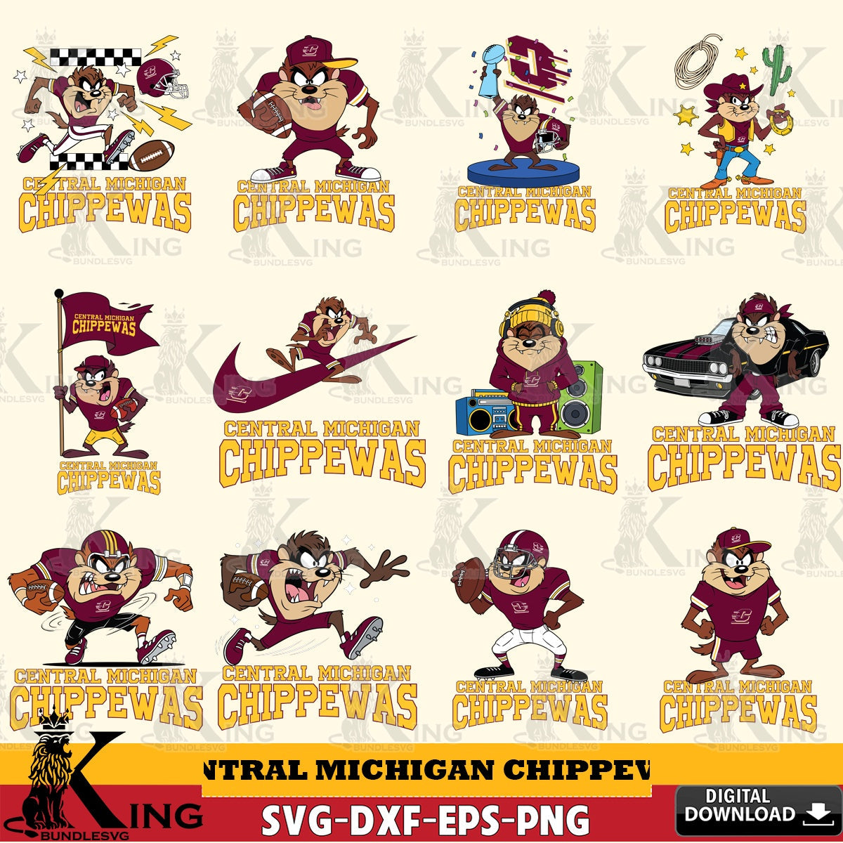 Central Michigan Chippewas Taz Football NCAA Bundle SVG file, Cut file , Digital Download , Instant Download, Taz svg, NCAA svg