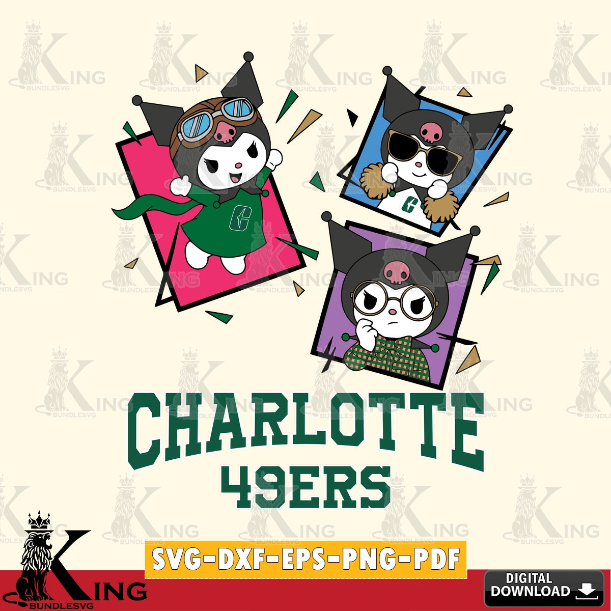 Charlotte 49ers Kuromi Action Football SVG file, Cricut, Cut file , Digital Download , Instant Download, Sanrio svg, Clipart