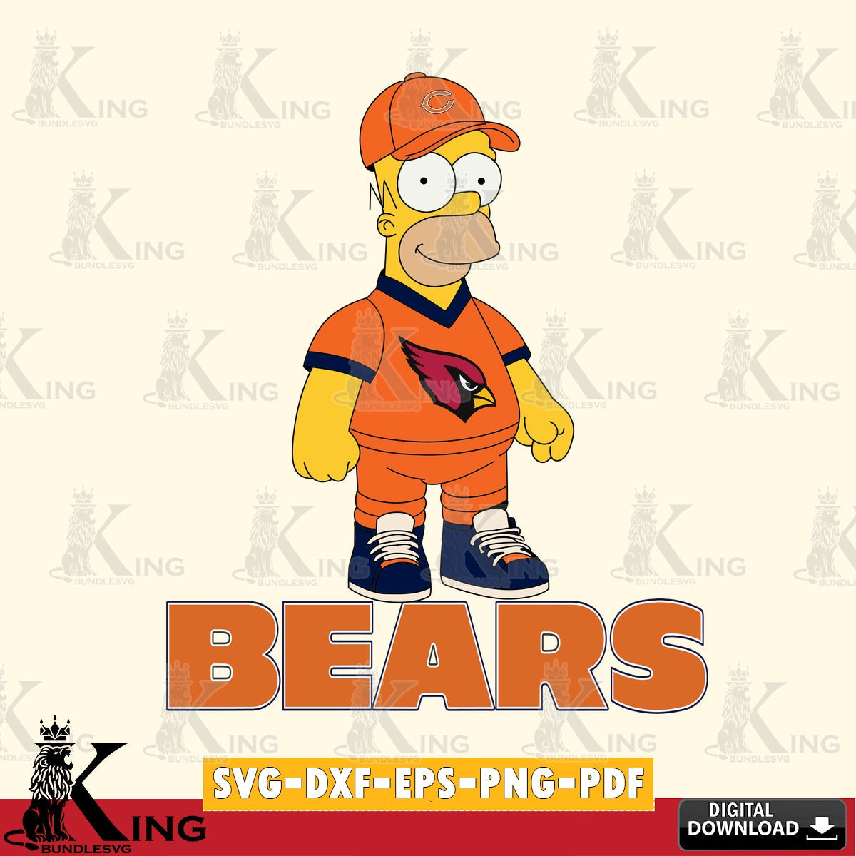 Hand-drawn style art of Chicago Bears Homer Simpson playing football, vector illustration for POD merchandise and apparel